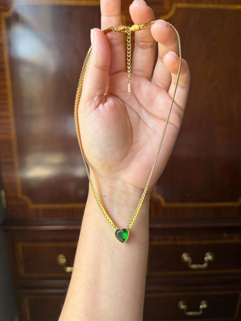 Gold Necklace with Green Heart Pendant - Women Jewelry